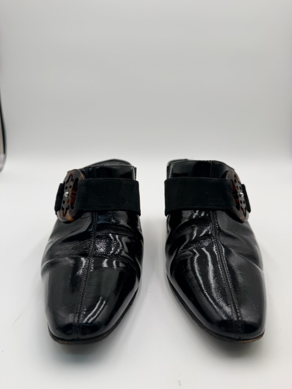 Brighton Rococo black patent leather suede slip-on mule heels made in Italy